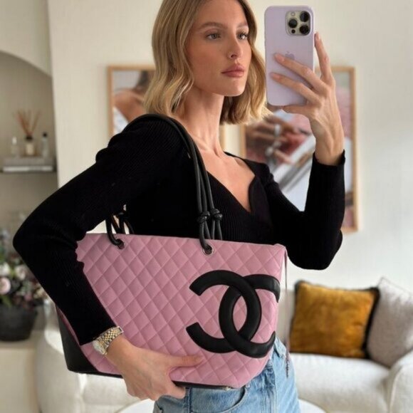 Authentic CHANEL Cambon Ligne Tote Large Pink Quilted Calfskin Leather Purse Bag - Picture 5 of 16